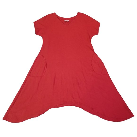 Dunes M Red Tunic Dress Lagenlook Pockets Sharkbite Hem Boho Asymmetrical - Picture 1 of 5